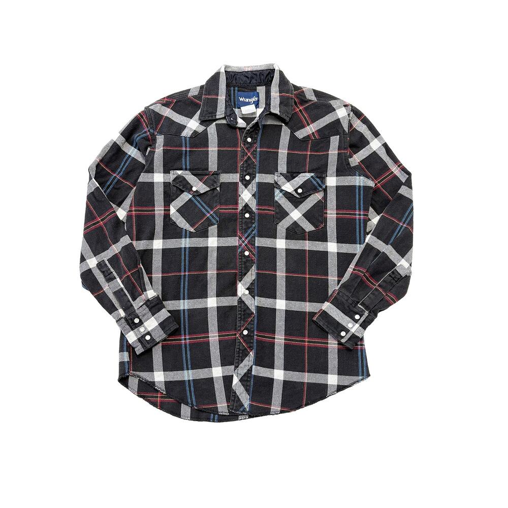 VTG Wrangler Heavyweight Pearl Snap Flannel Shirt Mens M Plaid Western Cowboy